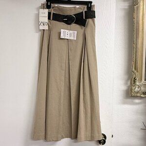 Zara Linen Blend Midi Skirt With Belt Size S